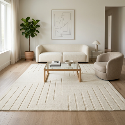 Ivory Wool Area Rug: 8x10 Geometric Hand-Tufted Modern Rug