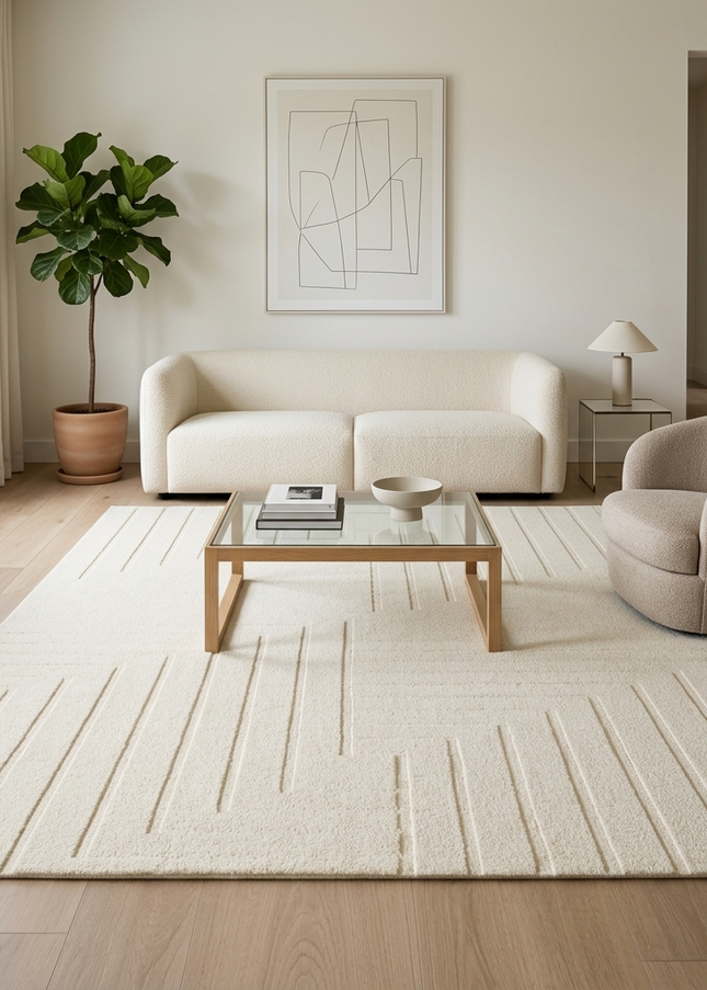 Ivory Wool Area Rug: 8x10 Geometric Hand-Tufted Modern Rug