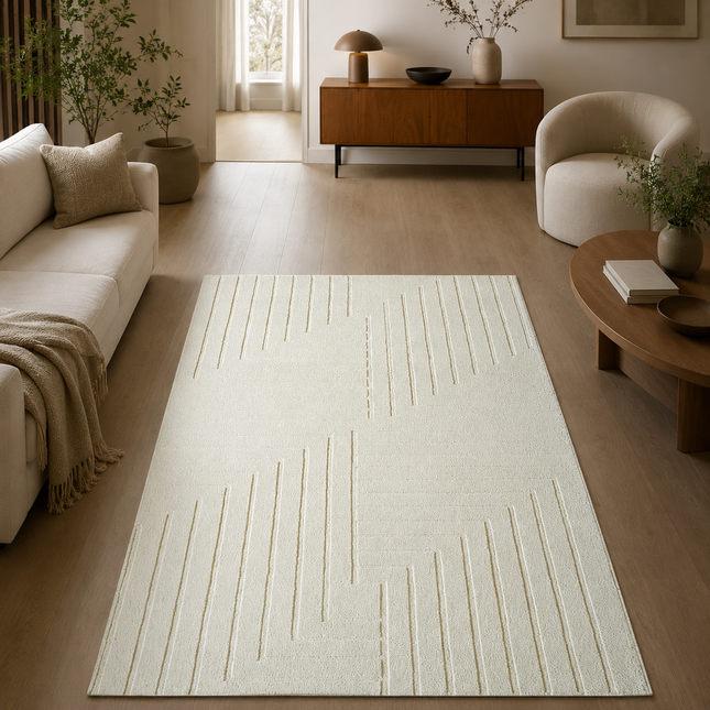 Ivory Wool Area Rug: 8x10 Geometric Hand-Tufted Modern Rug