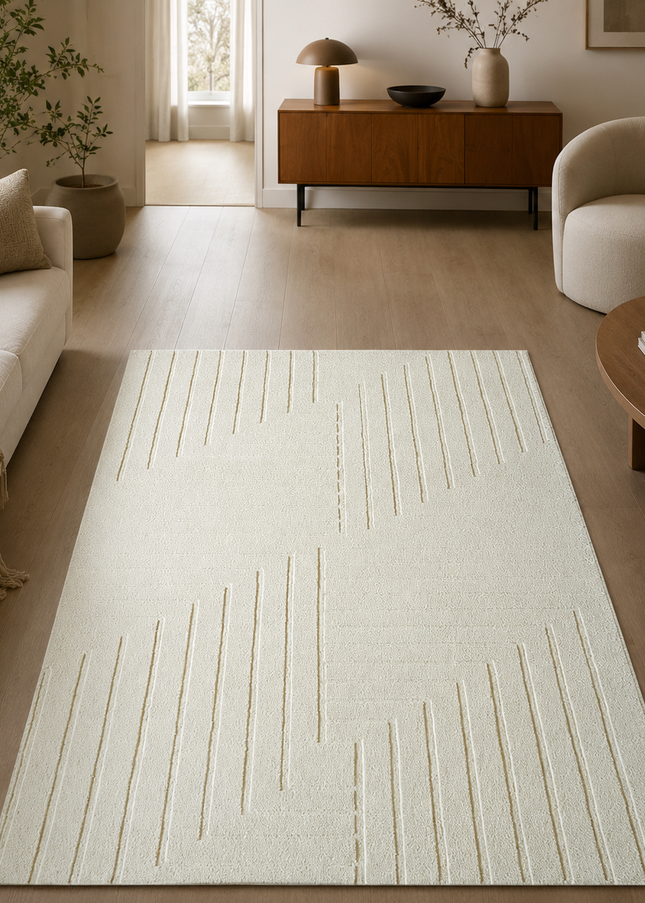 Ivory Wool Area Rug: 8x10 Geometric Hand-Tufted Modern Rug