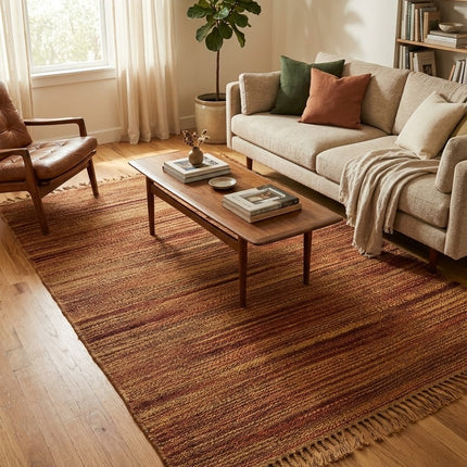 Rust & Gold Striped Jute Rug 3'6" x 5'6" ft | Natural Flatweave Area Rug with Tassel Fringe | Ready to Ship
