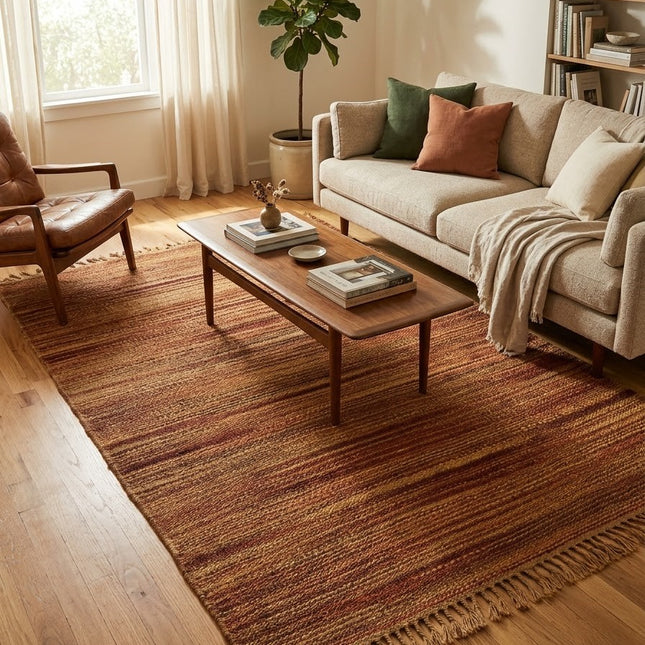 Rust & Gold Striped Jute Rug 3'6" x 5'6" ft | Natural Flatweave Area Rug with Tassel Fringe | Ready to Ship