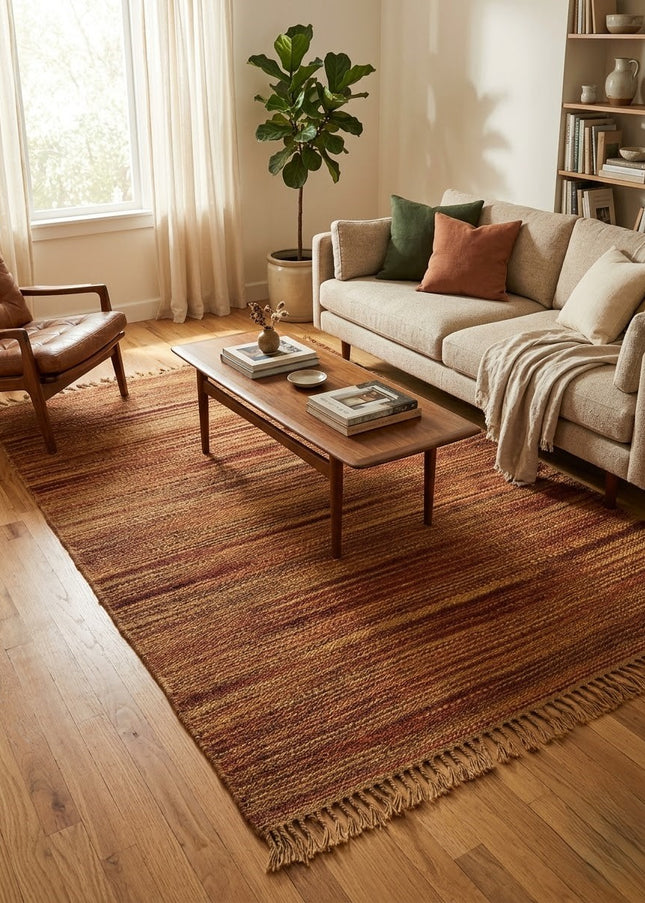 Rust & Gold Striped Jute Rug 3'6" x 5'6" ft | Natural Flatweave Area Rug with Tassel Fringe | Ready to Ship