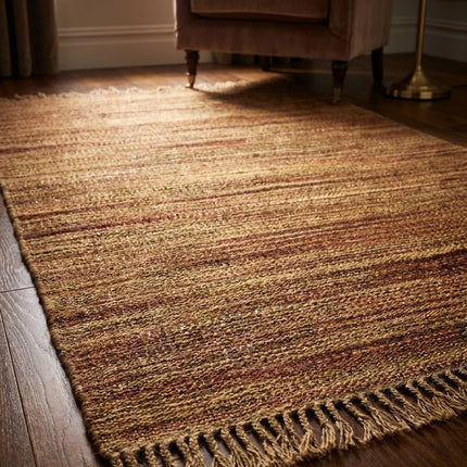 Rust & Gold Striped Jute Rug 3'6" x 5'6" ft | Natural Flatweave Area Rug with Tassel Fringe | Ready to Ship