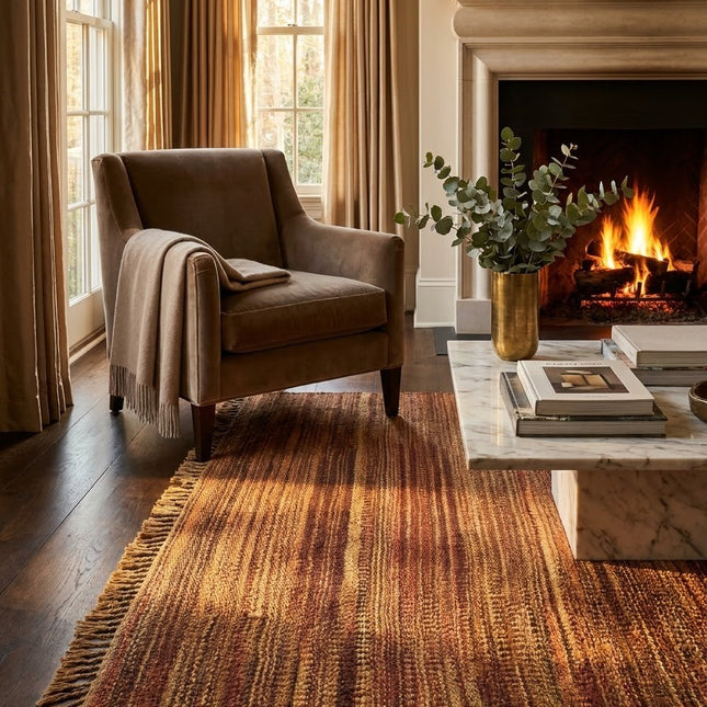 Rust & Gold Striped Jute Rug 3'6" x 5'6" ft | Natural Flatweave Area Rug with Tassel Fringe | Ready to Ship