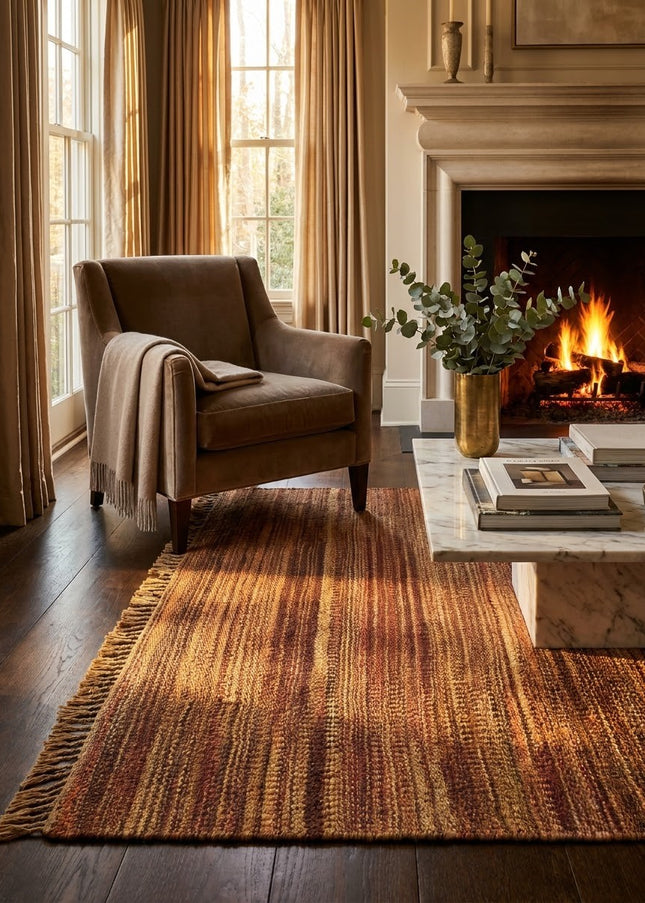 Rust & Gold Striped Jute Rug 3'6" x 5'6" ft | Natural Flatweave Area Rug with Tassel Fringe | Ready to Ship