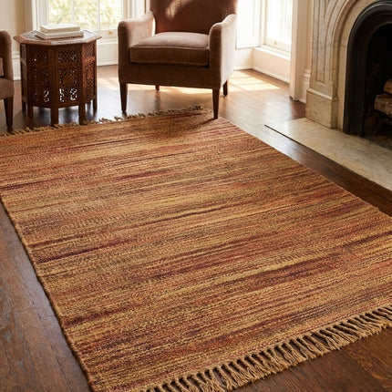 Rust & Gold Striped Jute Rug 3'6" x 5'6" ft | Natural Flatweave Area Rug with Tassel Fringe | Ready to Ship
