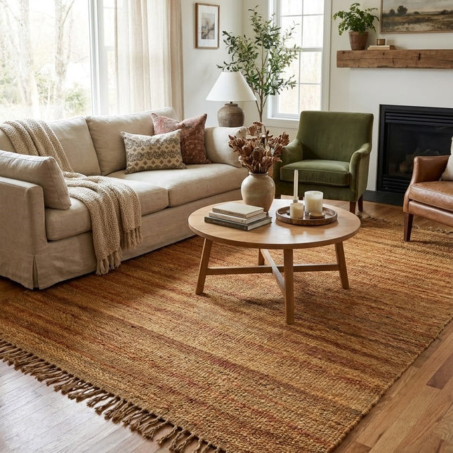 Golden Honey Jute Rug 3'6" x 5'6" ft | Natural Flatweave Area Rug with Tassel Fringe | Ready to Ship