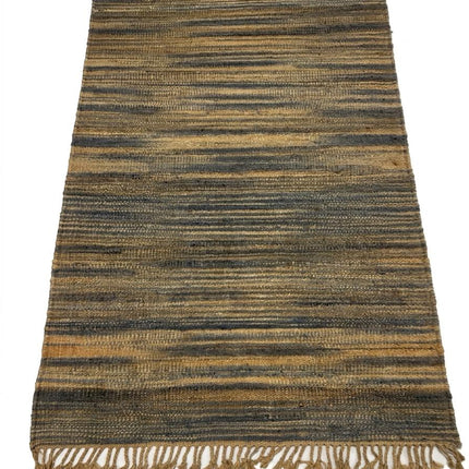 Handwoven Jute Rug with Fringe, Natural & Charcoal Gray Striped Flat Weave Area Rug, Boho Farmhouse Rustic Rug, Ready to Ship