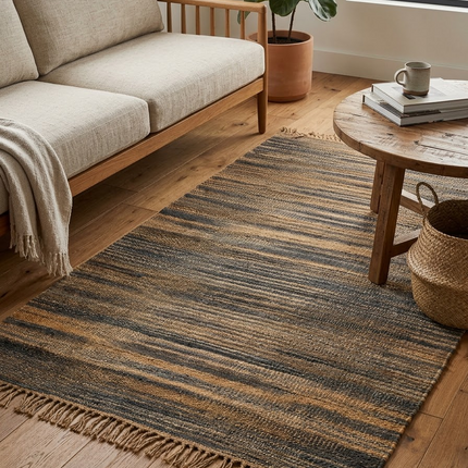 Handwoven Jute Rug with Fringe, Natural & Charcoal Gray Striped Flat Weave Area Rug, Boho Farmhouse Rustic Rug, Ready to Ship