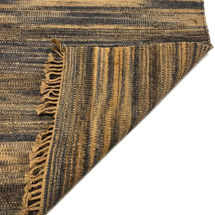 Handwoven Jute Rug with Fringe, Natural & Charcoal Gray Striped Flat Weave Area Rug, Boho Farmhouse Rustic Rug, Ready to Ship