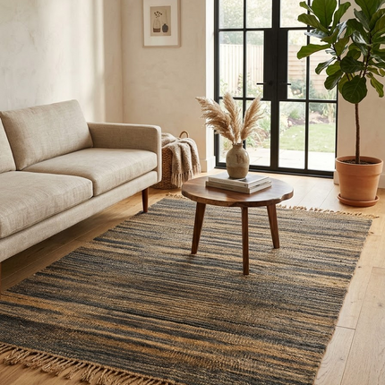 Handwoven Jute Rug with Fringe, Natural & Charcoal Gray Striped Flat Weave Area Rug, Boho Farmhouse Rustic Rug, Ready to Ship