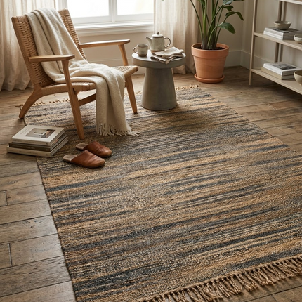 Handwoven Jute Rug with Fringe, Natural & Charcoal Gray Striped Flat Weave Area Rug, Boho Farmhouse Rustic Rug, Ready to Ship