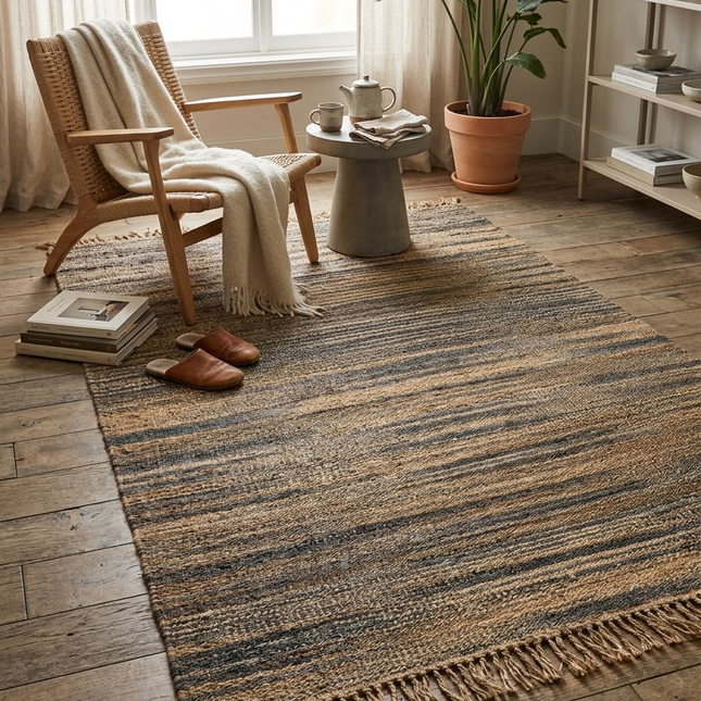 Handwoven Jute Rug with Fringe, Natural & Charcoal Gray Striped Flat Weave Area Rug, Boho Farmhouse Rustic Rug, Ready to Ship