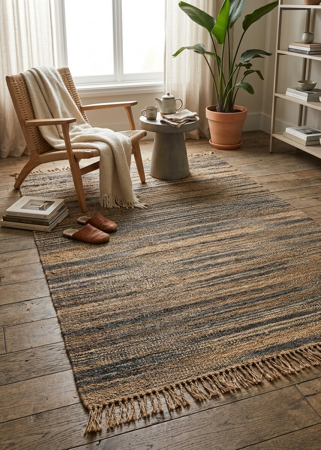 Handwoven Jute Rug with Fringe, Natural & Charcoal Gray Striped Flat Weave Area Rug, Boho Farmhouse Rustic Rug, Ready to Ship
