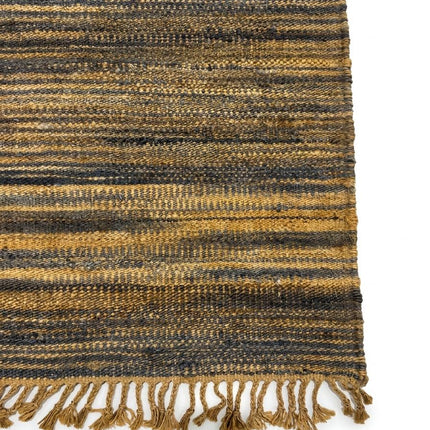 Handwoven Jute Rug with Fringe, Natural & Charcoal Gray Striped Flat Weave Area Rug, Boho Farmhouse Rustic Rug, Ready to Ship