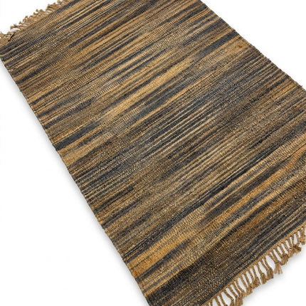 Handwoven Jute Rug with Fringe, Natural & Charcoal Gray Striped Flat Weave Area Rug, Boho Farmhouse Rustic Rug, Ready to Ship
