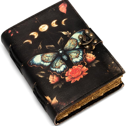 Vintage Luna Moth Leather Grimoire Journal with Clasp Lock | Handmade Spell Book & Book of Shadows | Antique Witchcraft Journal