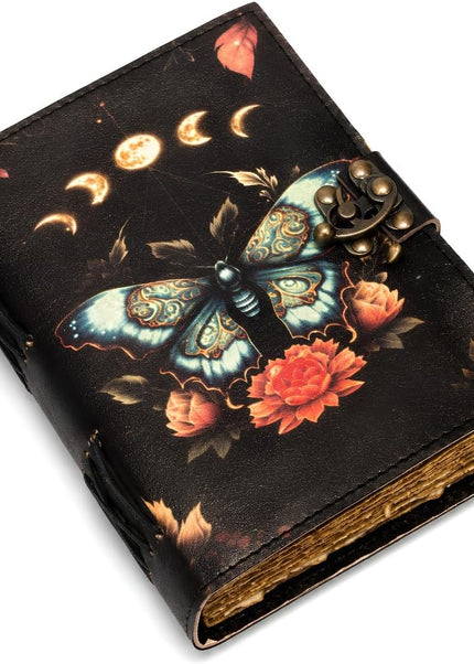 Vintage Luna Moth Leather Grimoire Journal with Clasp Lock | Handmade Spell Book & Book of Shadows | Antique Witchcraft Journal