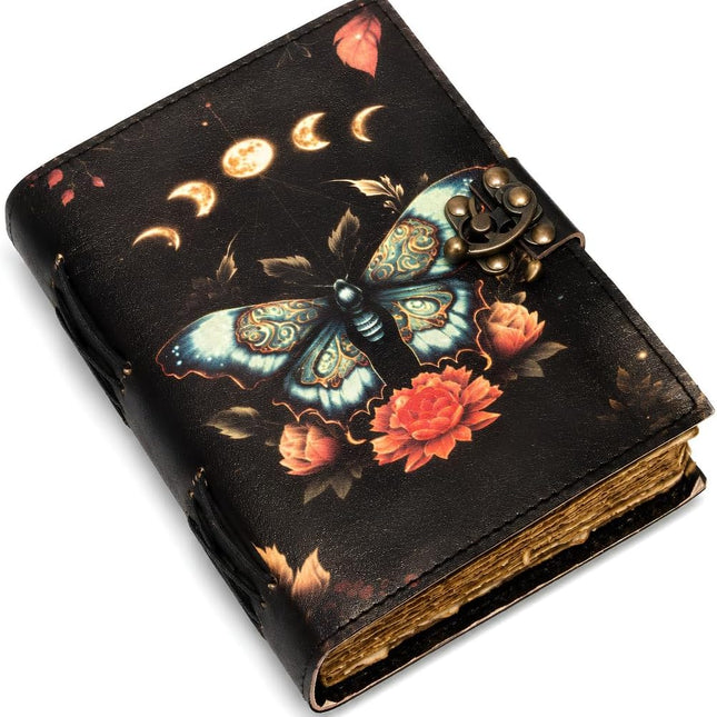 Vintage Luna Moth Leather Grimoire Journal with Clasp Lock | Handmade Spell Book & Book of Shadows | Antique Witchcraft Journal