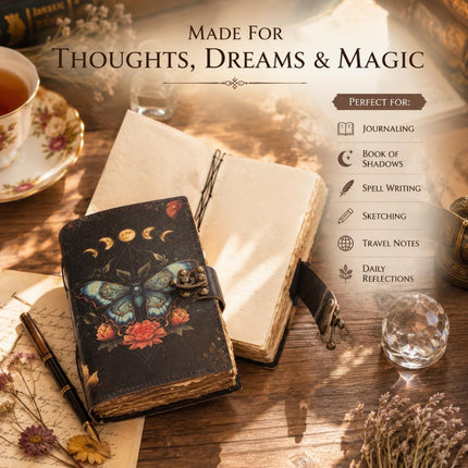 Vintage Luna Moth Leather Grimoire Journal with Clasp Lock | Handmade Spell Book & Book of Shadows | Antique Witchcraft Journal