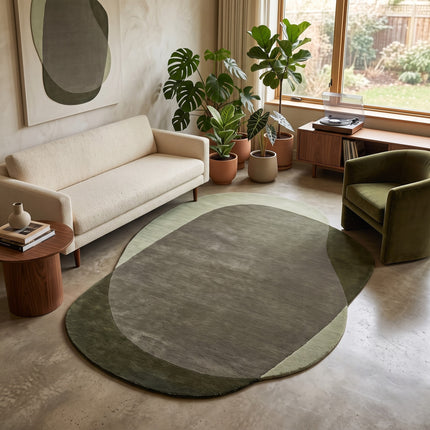 Abstract Irregular Wool Rug: Beige & Green Hand-Tufted Carpet