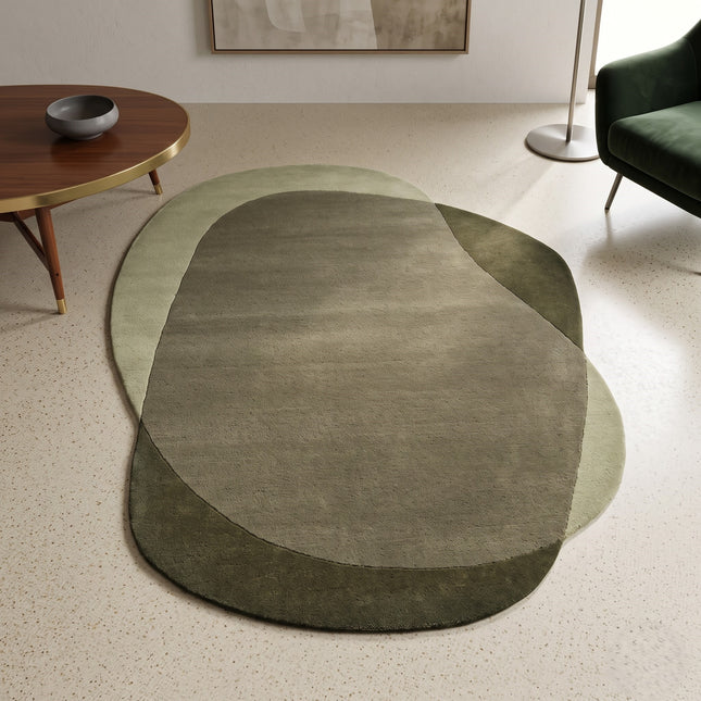 Abstract Irregular Wool Rug: Beige & Green Hand-Tufted Carpet