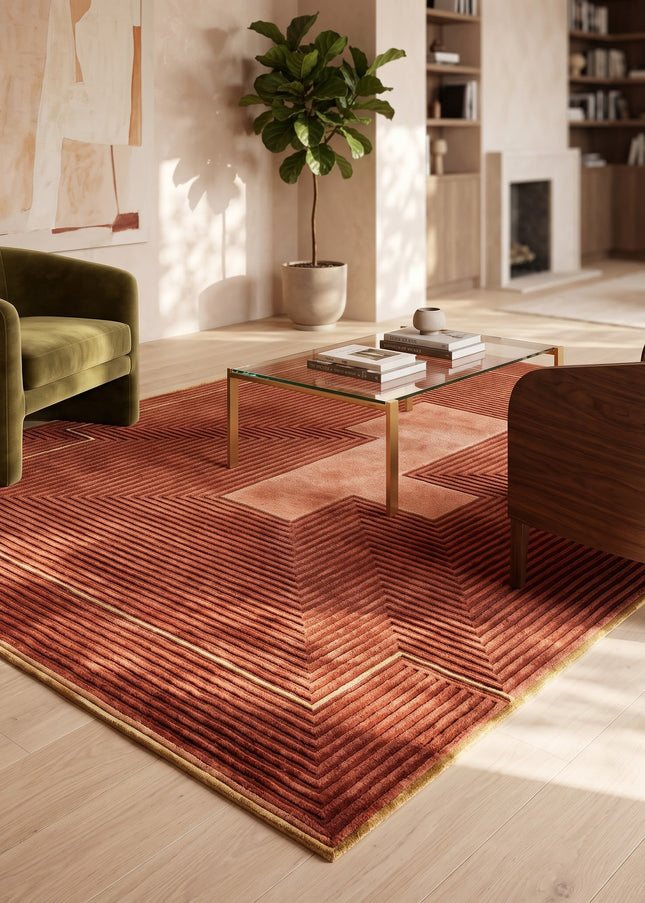 Hand Tufted Geometric Wool Rug 8x10: Rust Modern Area Rug