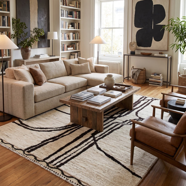 Hand Woven Beni Ourain Wool Rug: Abstract Lines, Shag Texture, Minimalist Decor