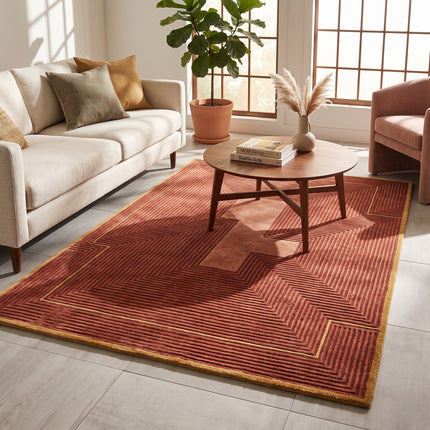 Hand Tufted Geometric Wool Rug 8x10: Rust Modern Area Rug