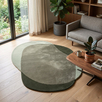 Abstract Irregular Wool Rug: Beige & Green Hand-Tufted Carpet