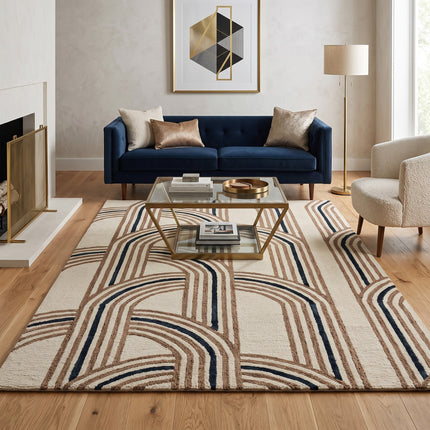 Mocha Geometric Arch Pattern Hand Tufted Wool Rug for Living Room Decor