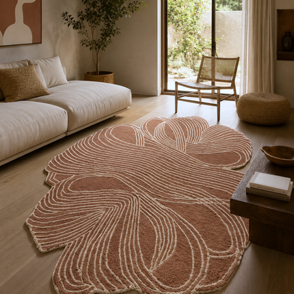 Rust & Ivory Abstract Wool Rug  Irregular Shape Area Rug for Home Decor