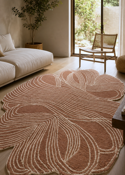 Rust & Ivory Abstract Wool Rug  Irregular Shape Area Rug for Home Decor