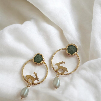 Antler Aura – Green Malachite Brass Deer Earrings