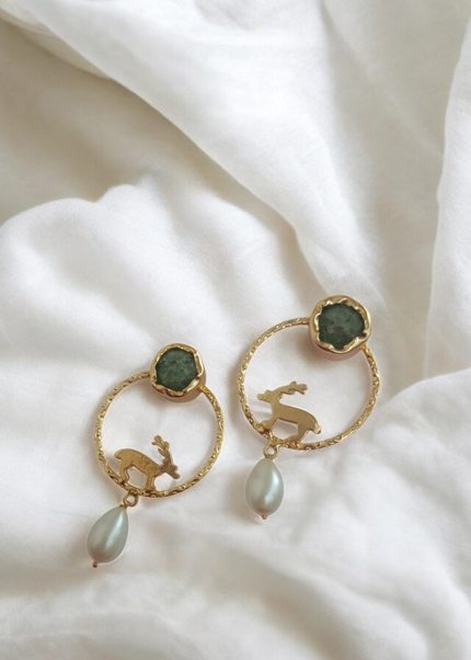 Antler Aura – Green Malachite Brass Deer Earrings