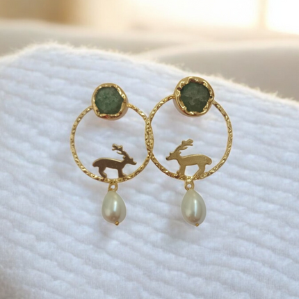 Antler Aura – Green Malachite Brass Deer Earrings