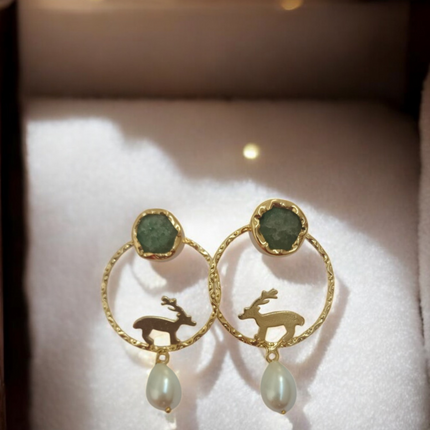 Antler Aura – Green Malachite Brass Deer Earrings