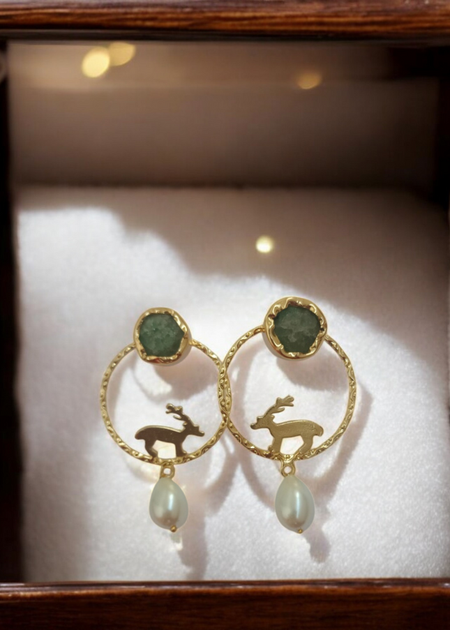 Antler Aura – Green Malachite Brass Deer Earrings