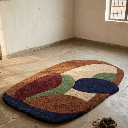 Designer Abstract Hand Tufted Multicolor Wool Rug, Contemporary Arch Shape Statement Carpet