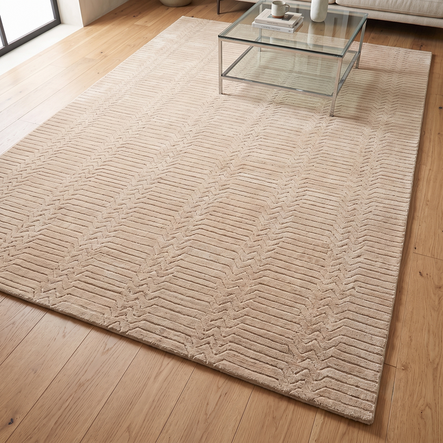 Hand Tufted Wool Rug: Beige Zigzag High-Low Pile, 8x10 Area Rug
