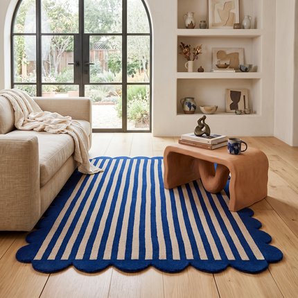 Hand Tufted Scalloped Wool Rug: Modern Blue Striped Area Rug
