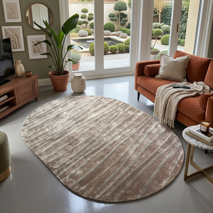 Hand Tufted Taupe & Ivory Wavy Pattern Viscose Rug  Modern Oval Area Carpet