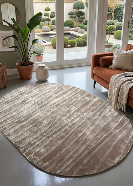 Hand Tufted Taupe & Ivory Wavy Pattern Viscose Rug  Modern Oval Area Carpet