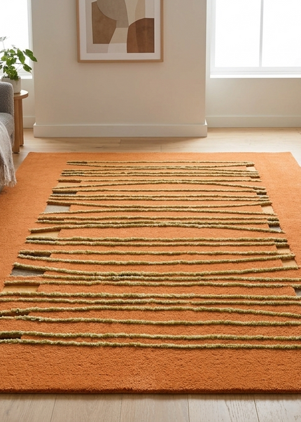 Hand Tufted Wool Area Rug: Modern Beige & Orange Design