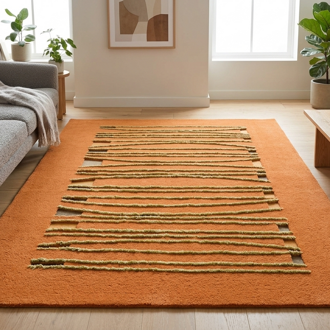 Hand Tufted Wool Area Rug: Modern Beige & Orange Design