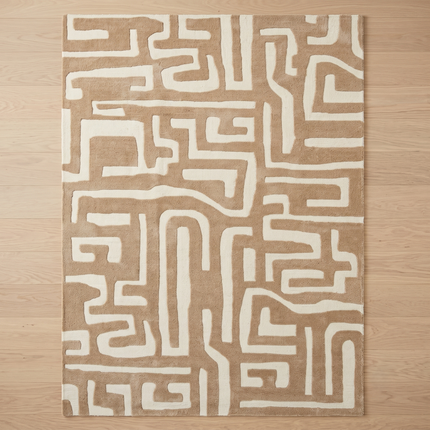Hand Tufted Beige & Ivory Maze Pattern Wool Rug  Modern Abstract Area Carpet