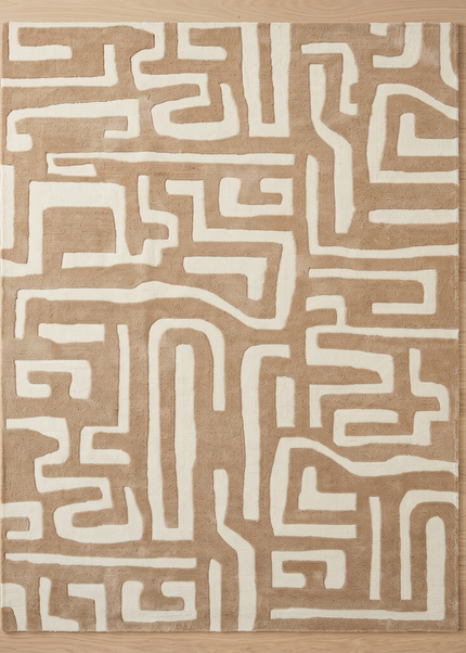 Hand Tufted Beige & Ivory Maze Pattern Wool Rug  Modern Abstract Area Carpet