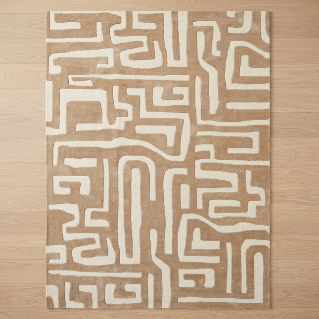 Hand Tufted Beige & Ivory Maze Pattern Wool Rug  Modern Abstract Area Carpet