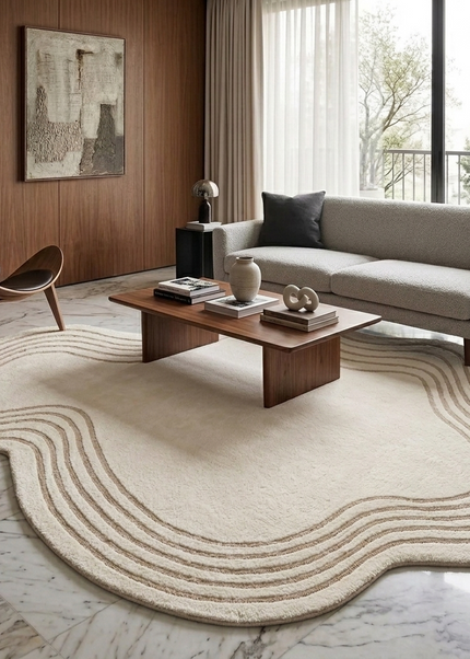 Hand Tufted Wool Rug: Cream Wave Edge, Modern Minimalist Decor